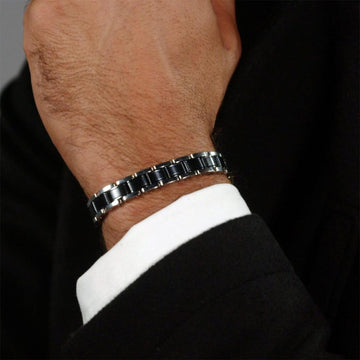Ανδρικό βραχιόλι Boss 1580664 ατσάλινο με ασημί-μπλε μπρασελέ.